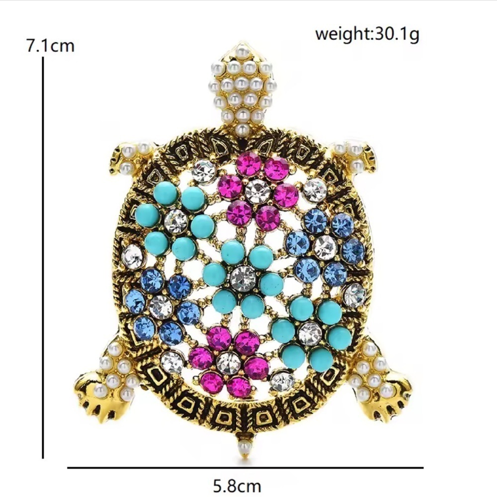 Turtle Gold Colorful Rhinestones & Pearls Brooch - Picture 7 of 7
